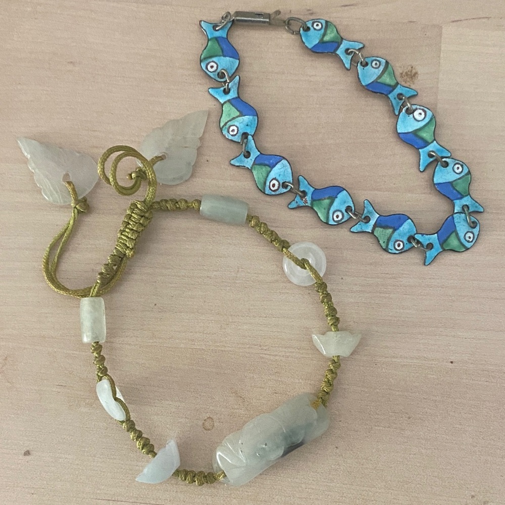 Blue and Green Fish Bracelet with Jade Beaded Bracelet